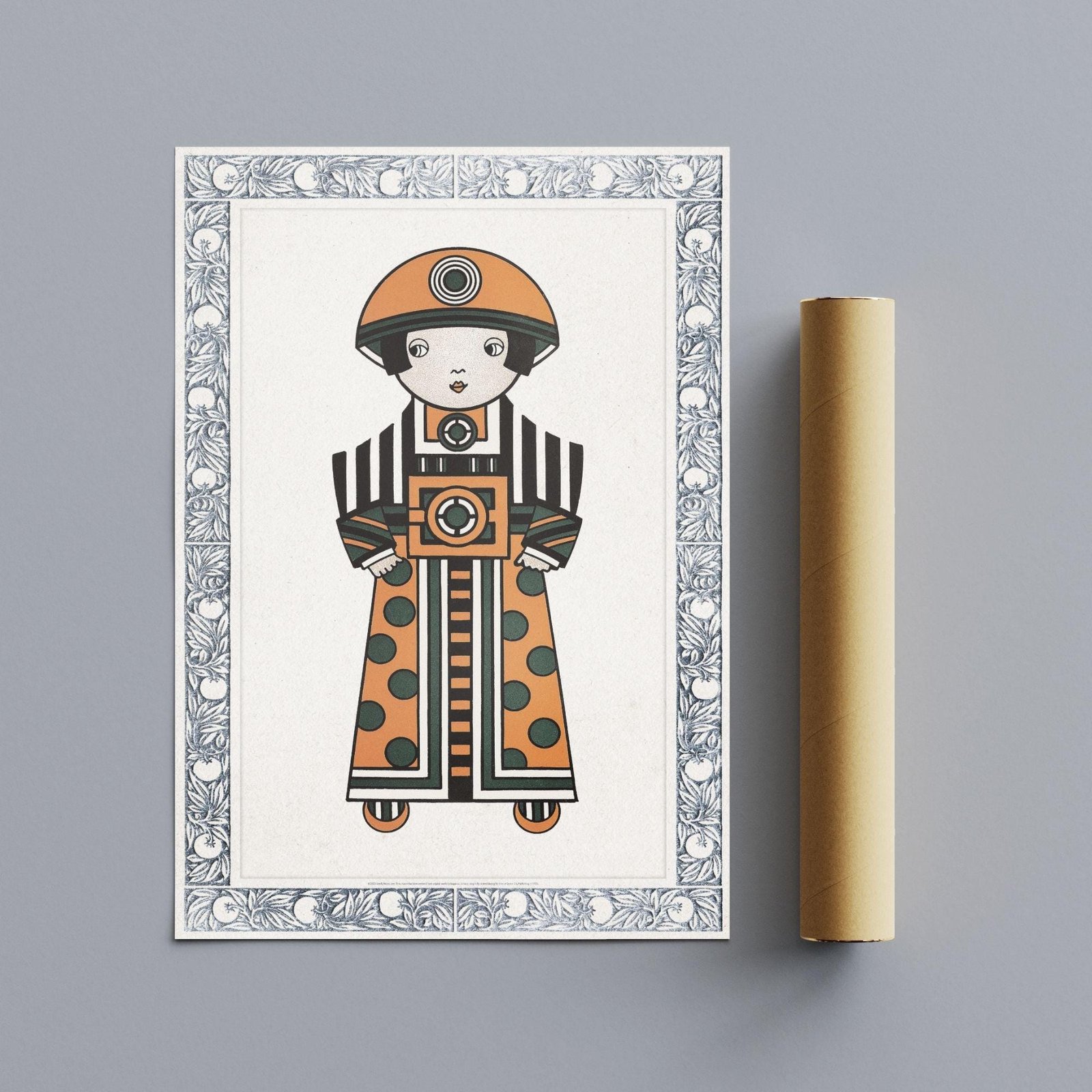 Art deco illustration of a girl in geometric dress.