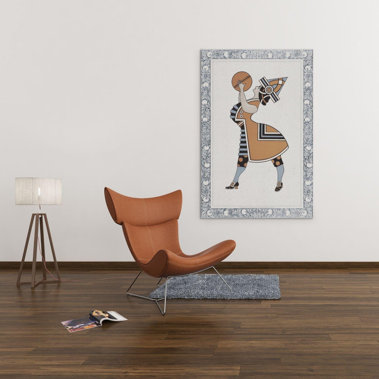 Modern living room with abstract wall art and chair.