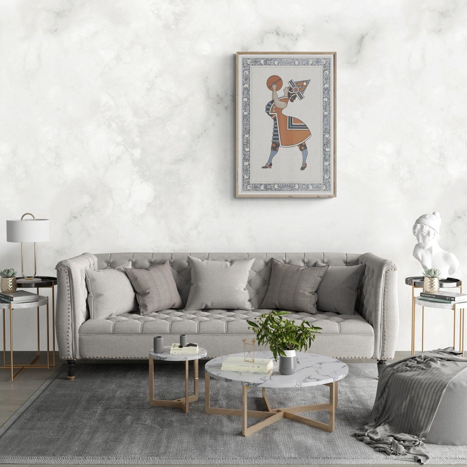 Elegant living room with gray sofa and art piece.