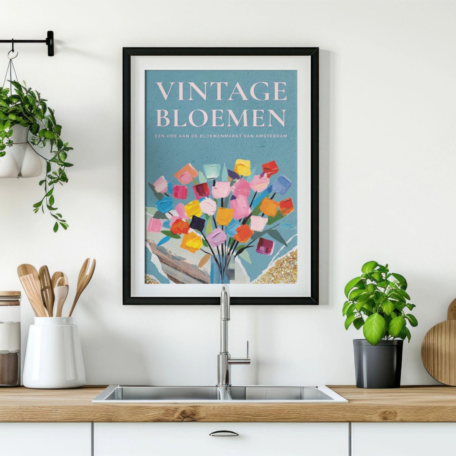 Vintage floral poster in modern kitchen sink area.