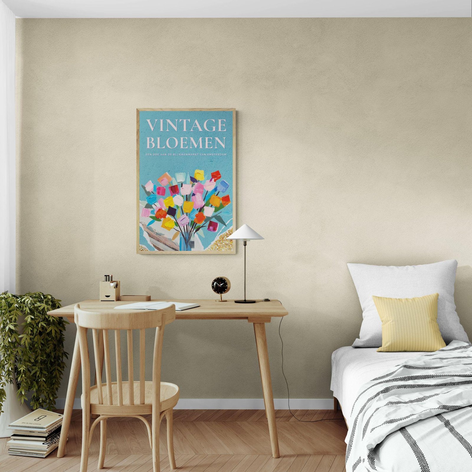 Bedroom with wooden desk and vintage poster.