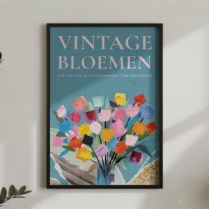 Colorful tulip bouquet vintage poster on wall