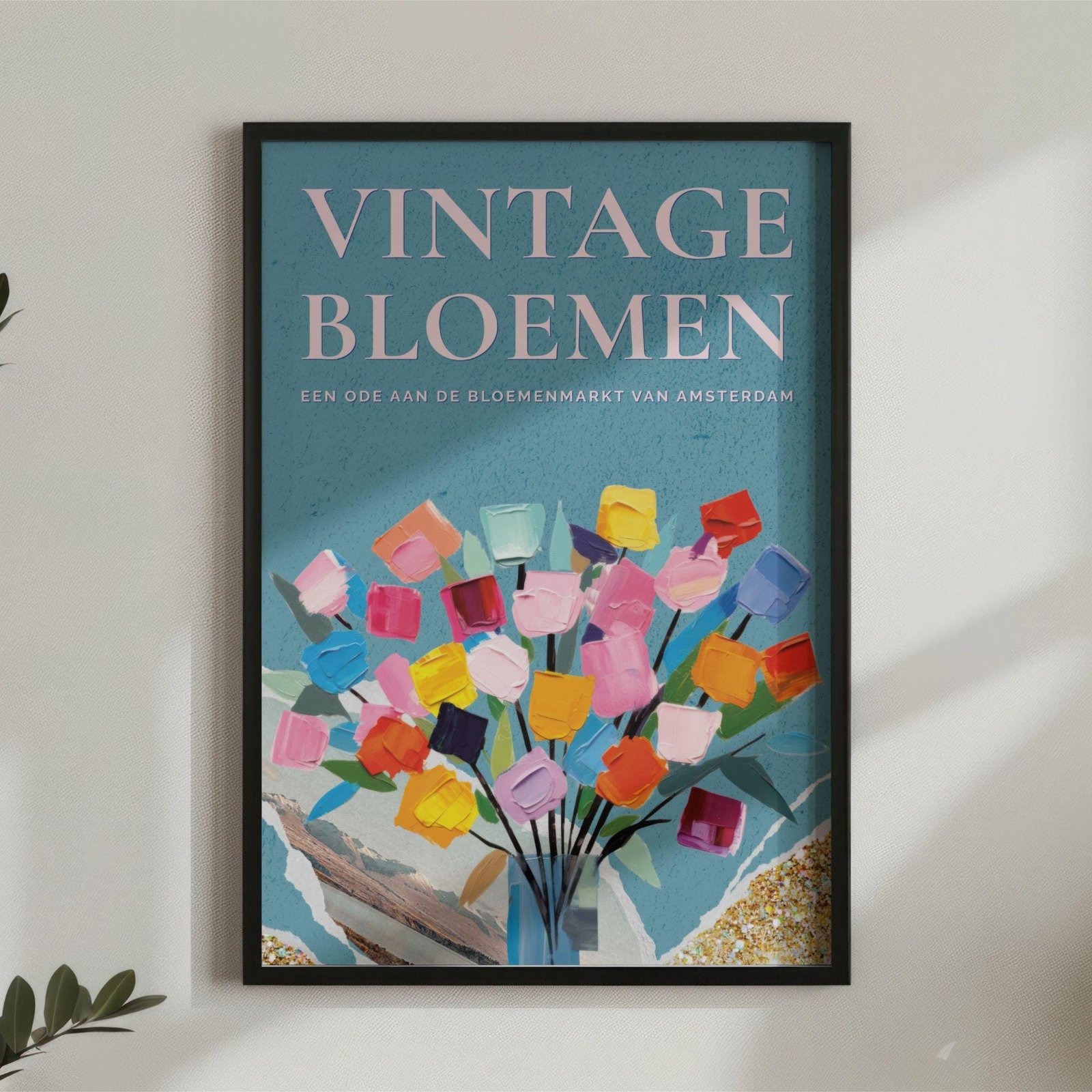 Colorful tulip bouquet vintage poster on wall