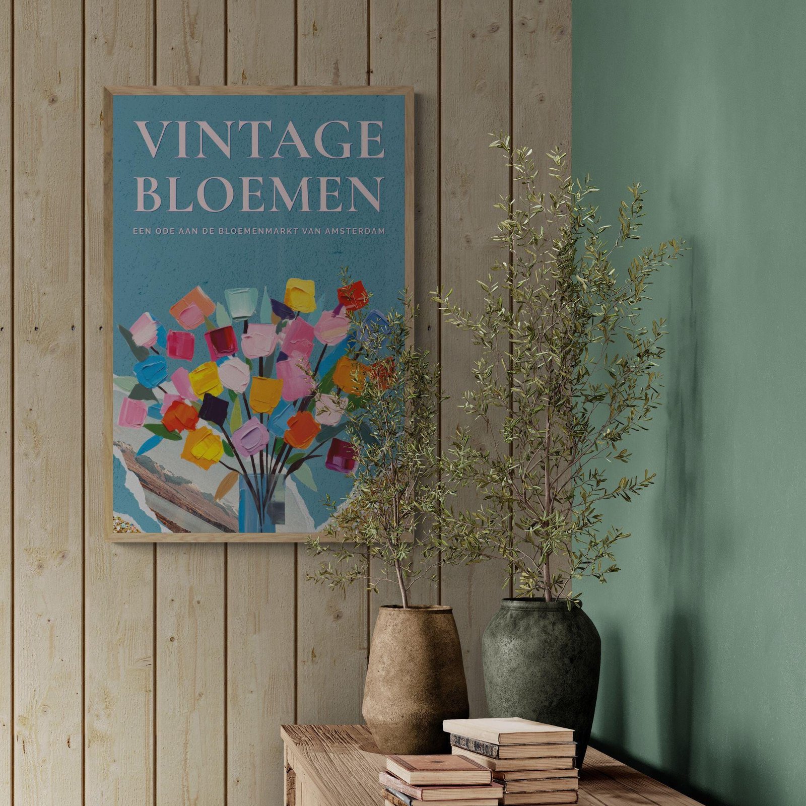 Colorful flower poster, two vases, stacked books.