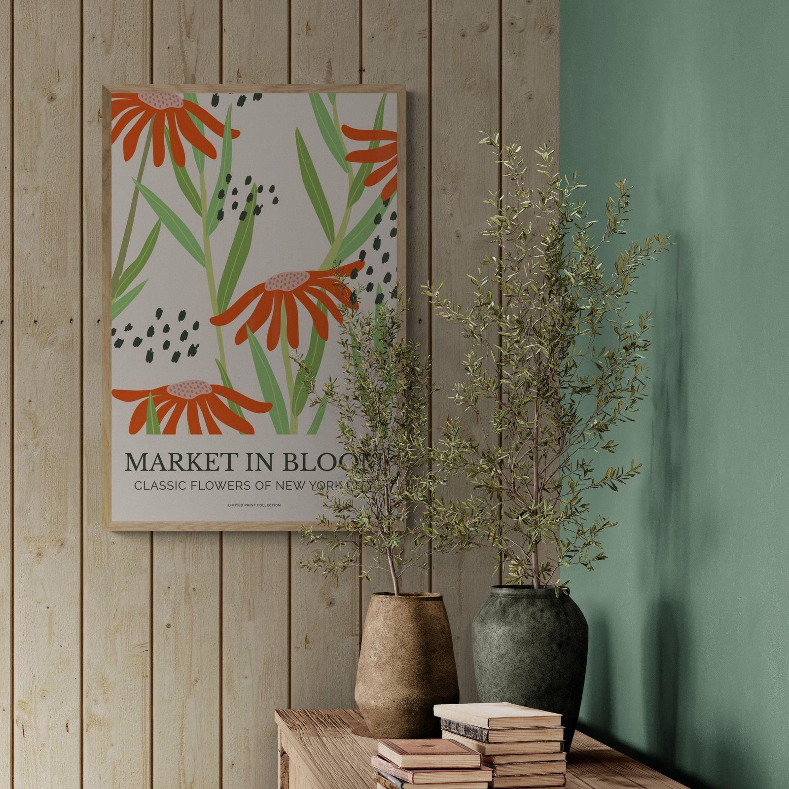 Poster of flowers with potted plants and books.