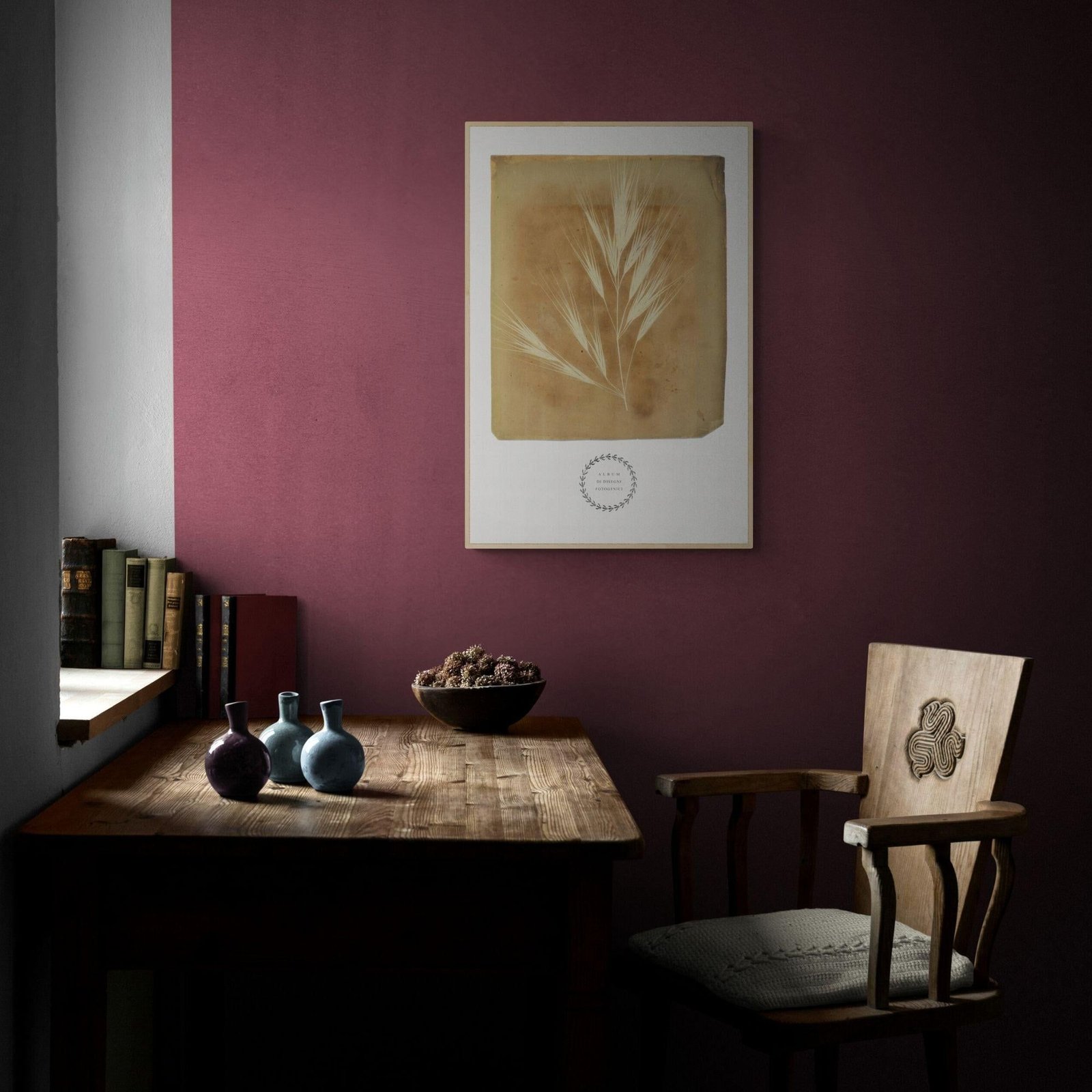 Cozy study with wooden furniture and wall art.