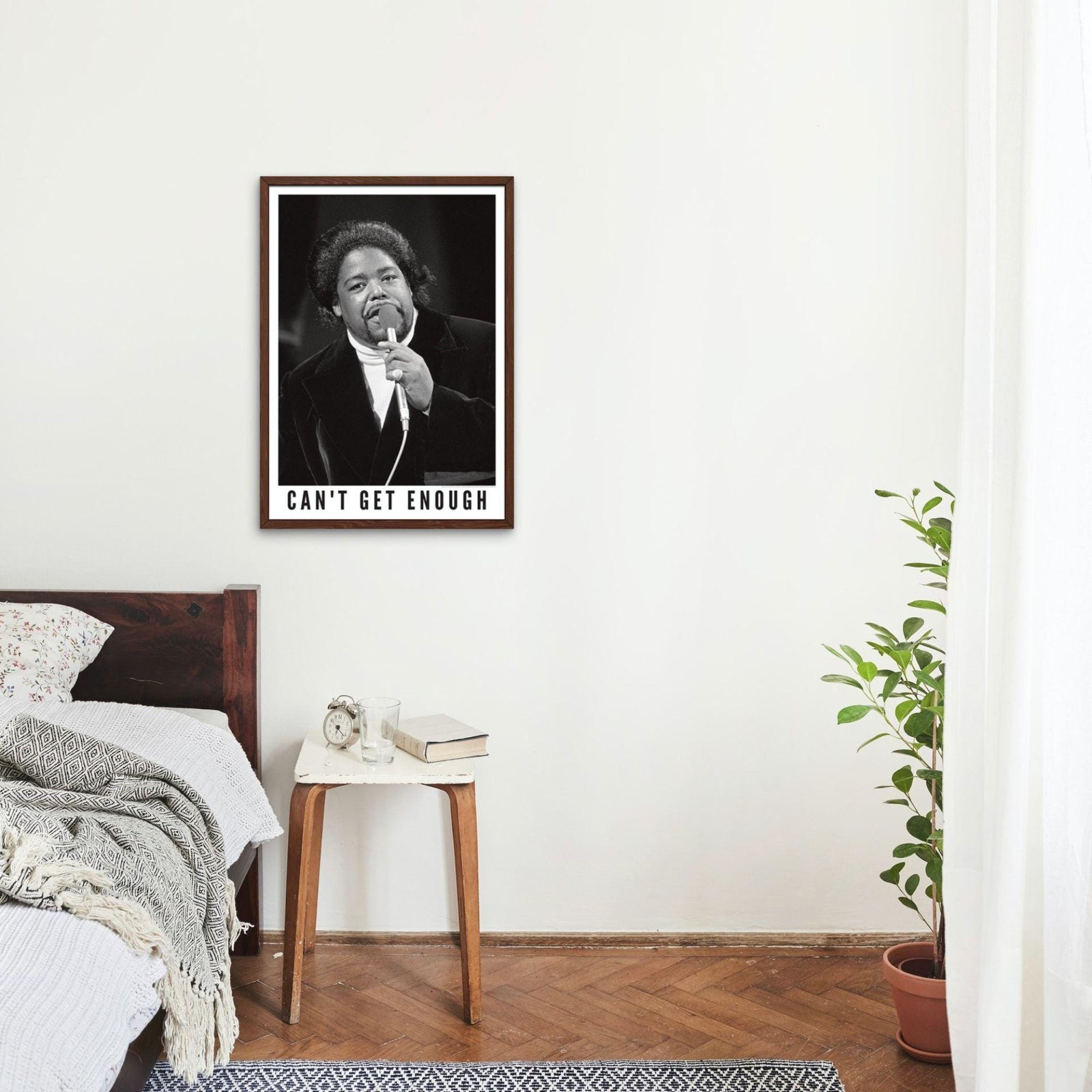 Bedroom with music poster and potted plant.