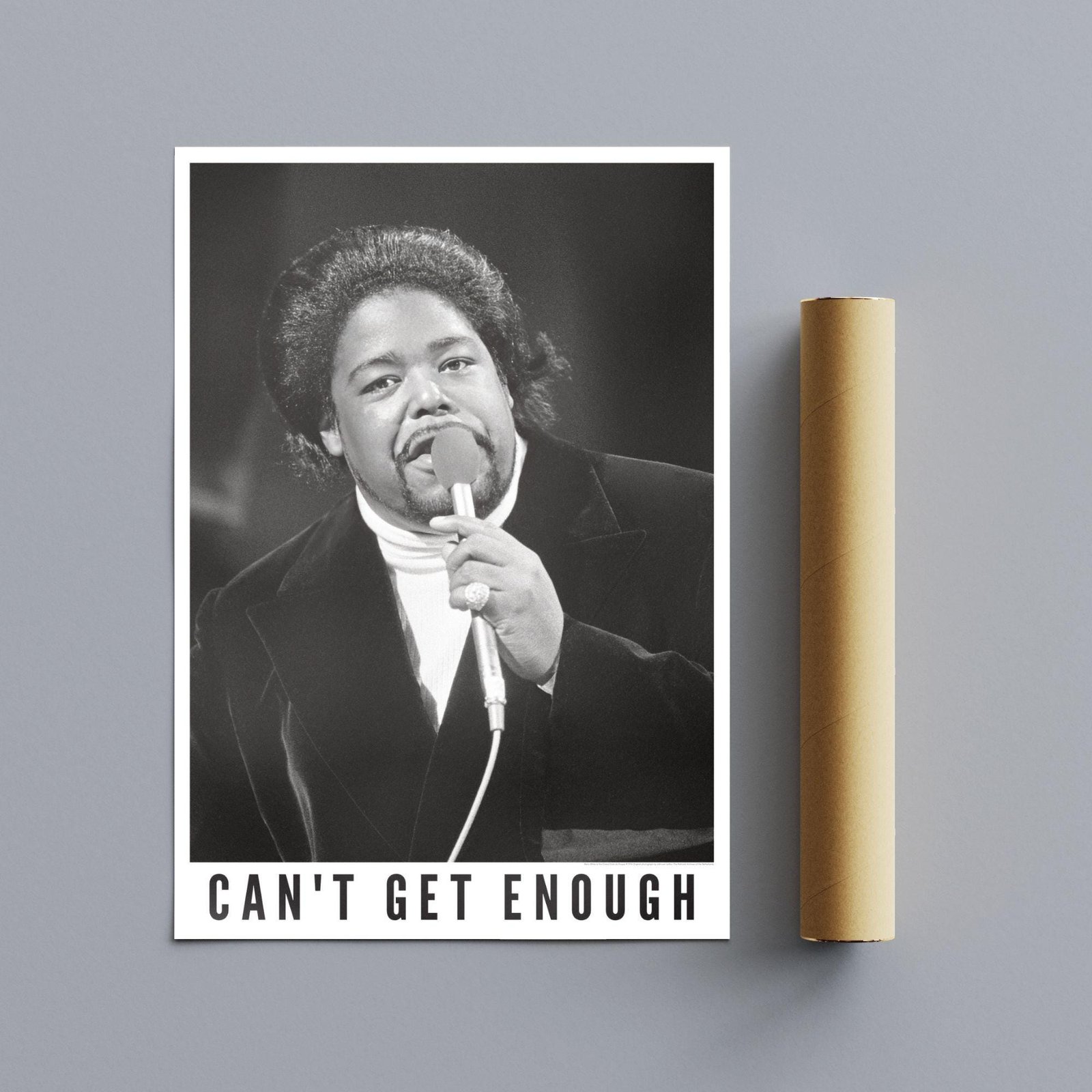 Singer performing with microphone, black-and-white poster