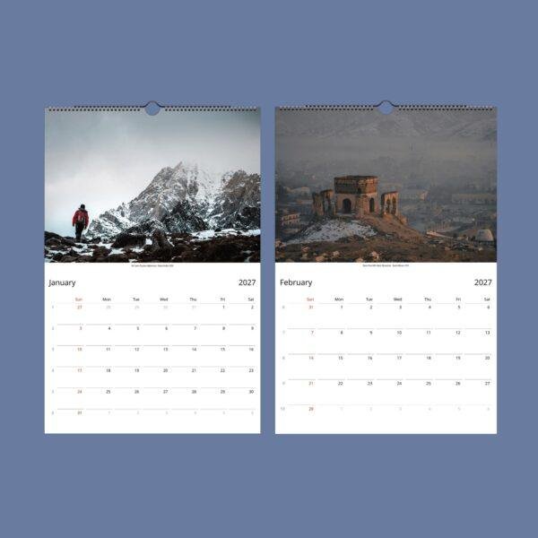 2027 wall calendar showing January and February with Afghanistan photos