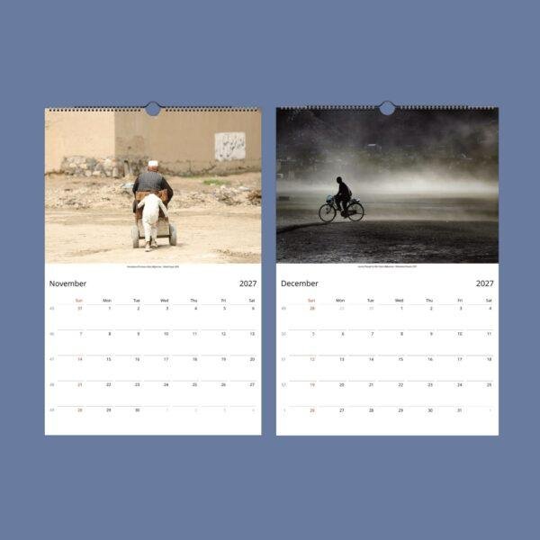 2027 wall calendar showing November and December with Afghan photography