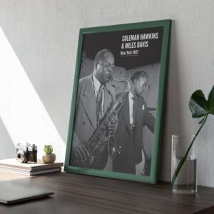 Framed photo of jazz musicians on desk