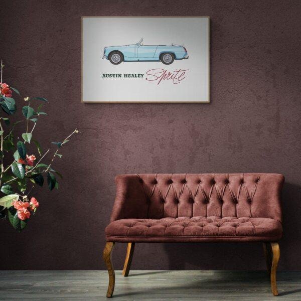 Austin Healey Sprite Mark IV – British Sports Car Illustration, Unique Collectors Gift, Retro Motoring Decor for Enthusiasts