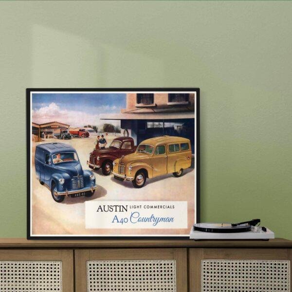 Vintage car poster: Austin A40 Countryman, classic retro automobile print, wall art gift decor