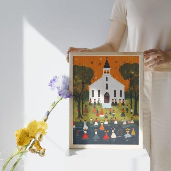 Clementine Hunter: Bayou Baptisms, framed poster – naive artists folk art, capture Southern heritage and tradition for any art lover