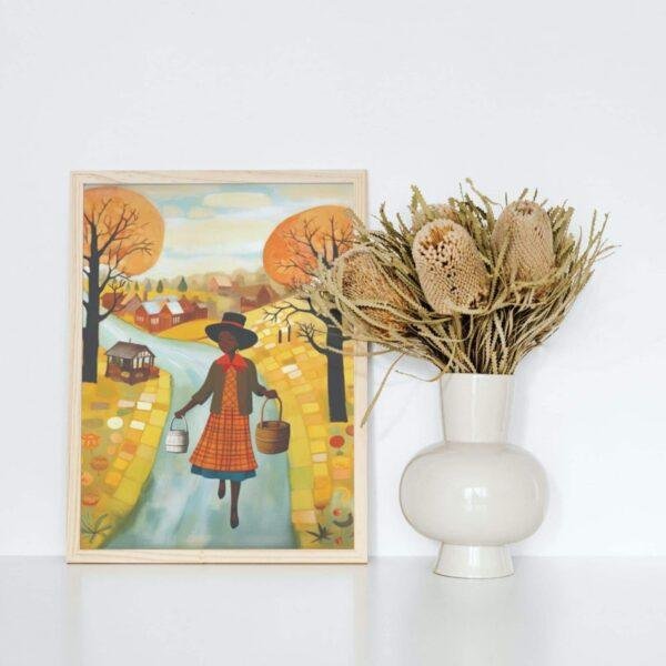 Clementine Hunter: Groceries from the Garden, framed poster – naive artists folk art, vibrant rustic decor for farmhouse or country style