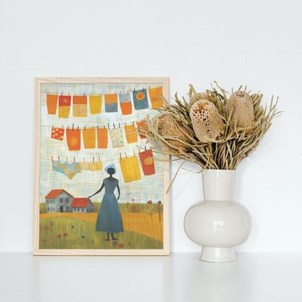 Clementine Hunter: Washing Day, framed poster – naive artists folk art, perfect for Louisiana-inspired decor and unique wall display