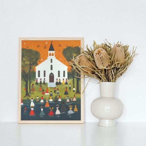 Clementine Hunter: Bayou Baptisms, framed poster – naive artists folk art, capture Southern heritage and tradition for any art lover