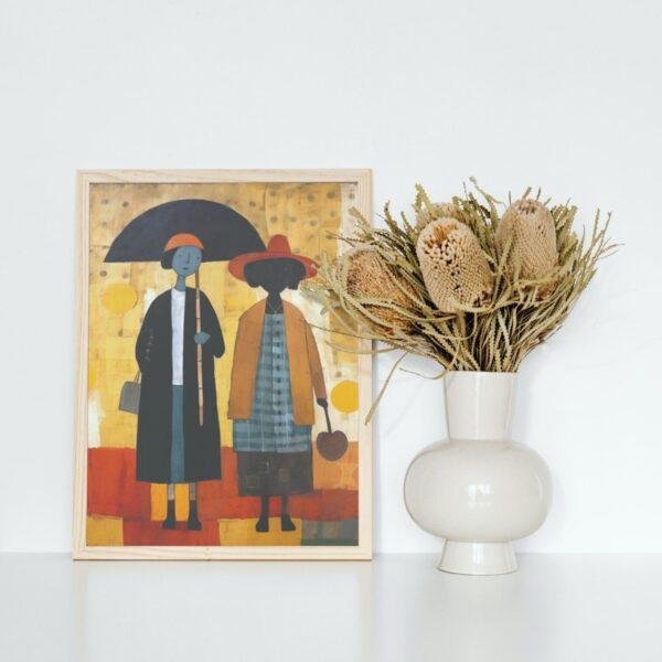 Clementine Hunter: Two Women, framed poster – naive artists folk art, a celebration of friendship and Southern culture for your home