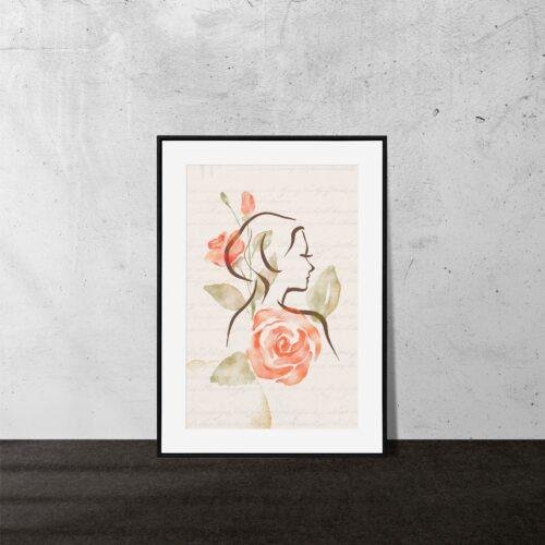 Whispering Petals Portrait | Elegant Watercolor Rose & Woman Silhouette Art Print with Gold Foil | Minimalist Wall Art