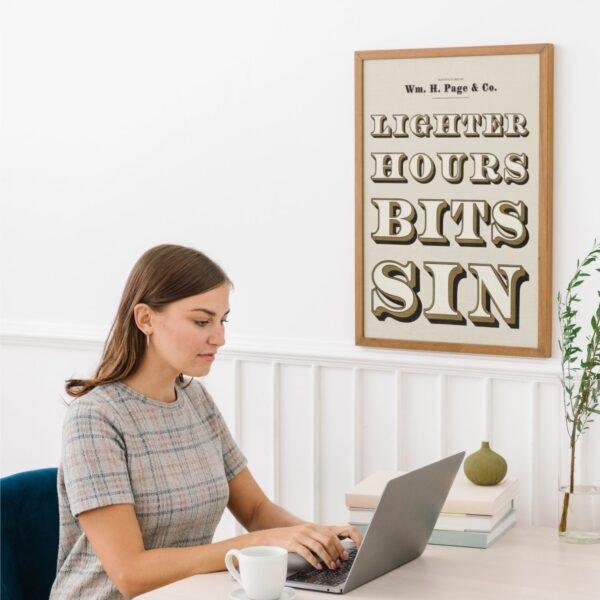 Vintage Wood Type Poster: "Lighter Hours Bits Sin" Typographic Print