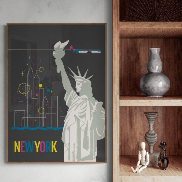 New York Travel Poster: Retro Statue of Liberty Art Print