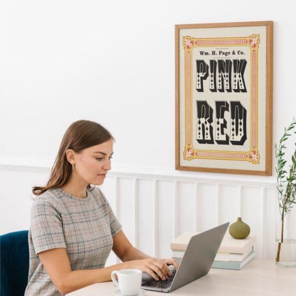 Chromatic Wood Type Poster: Vintage Pink Red Typography Art