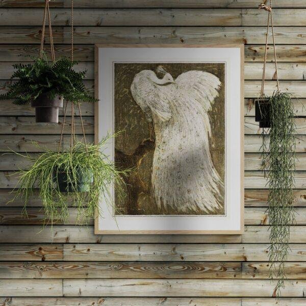 Theo van Hoytema - Dutch Artist, White Peacock on Branch, Smooth Matte Art Print
