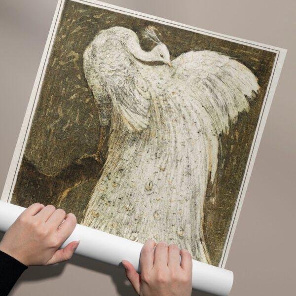 Theo van Hoytema - Dutch Artist, White Peacock on Branch, Smooth Matte Art Print