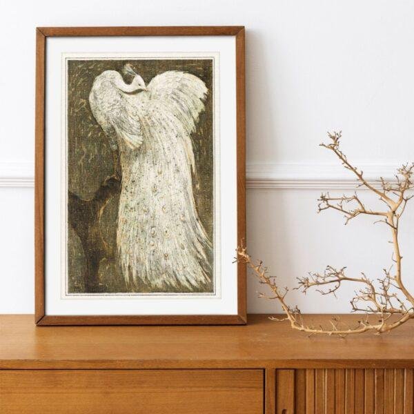 Theo van Hoytema - Dutch Artist, White Peacock on Branch, Smooth Matte Art Print