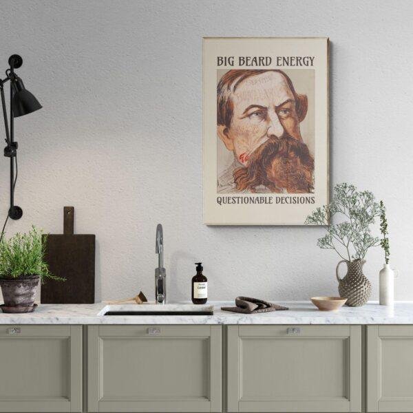 Satirical Artwork, Dark Academia Art: “Big Beard Energy – Questionable Decisions” – Phrenology Head Print