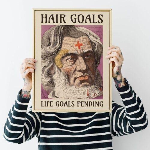Satirical Artwork, Dark Academia Art: “Hair Goals – Life Goals Pending” – Phrenology Head Print