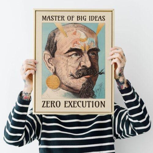 Satirical Artwork, Dark Academia Art: “Master of Big Ideas – Zero Execution” – Phrenology Head Print