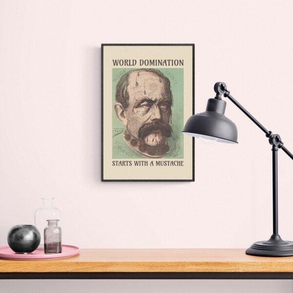 Satirical Artwork, Dark Academia Art: “World Domination – Starts with a Mustache” – Phrenology Head Print