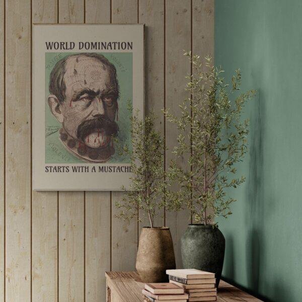 Satirical Artwork, Dark Academia Art: “World Domination – Starts with a Mustache” – Phrenology Head Print