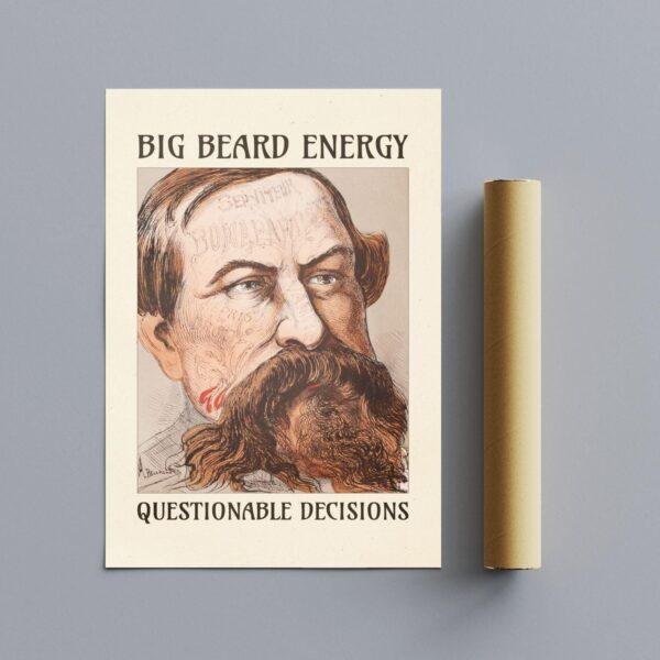 Satirical Artwork, Dark Academia Art: “Big Beard Energy – Questionable Decisions” – Phrenology Head Print