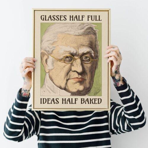 Satirical Artwork, Dark Academia Art: “Glasses Half Full – Ideas Half Baked” – Phrenology Head Print