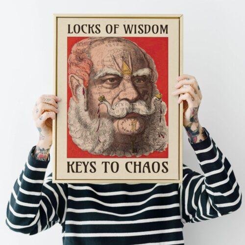 Satirical Artwork, Dark Academia Art: “Locks of Wisdom – Keys to Chaos” – Phrenology Head Print