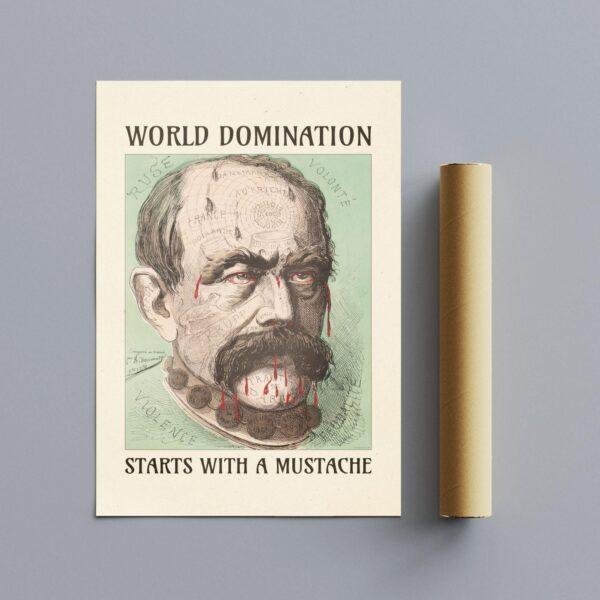 Satirical Artwork, Dark Academia Art: “World Domination – Starts with a Mustache” – Phrenology Head Print