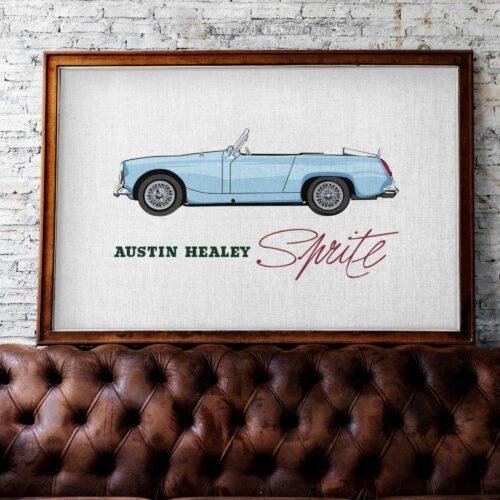 Austin Healey Sprite Mark IV – British Sports Car Illustration, Unique Collectors Gift, Retro Motoring Decor for Enthusiasts