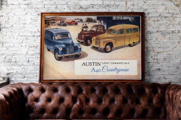 Vintage car poster: Austin A40 Countryman, classic retro automobile print, wall art gift decor