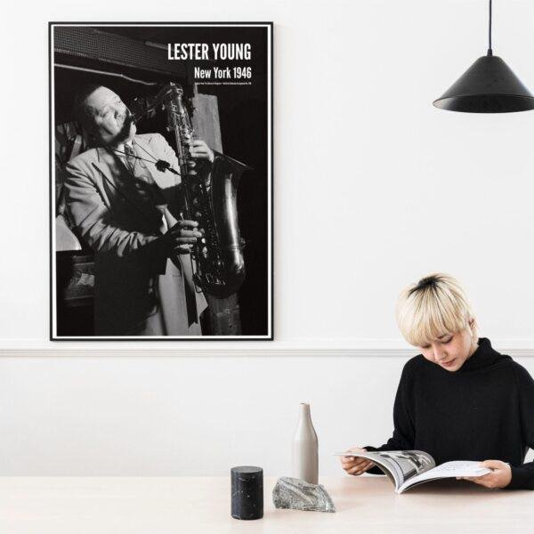 Lester Young - Jazz Music Poster, Famous Door NYC 1946, Gallery Matte