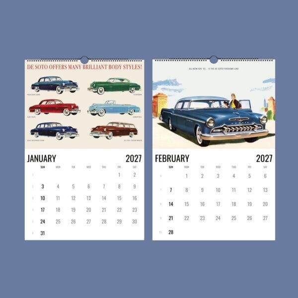 2027 wall calendar featuring vintage De Soto car advertisements