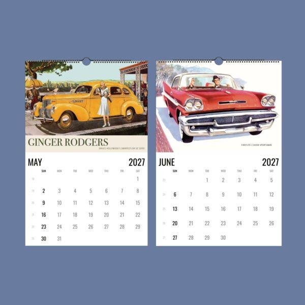 2027 vintage car calendar showing May and June pages