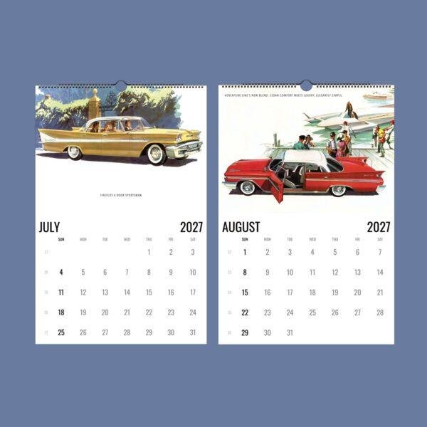 2027 vintage classic car wall calendar July and August