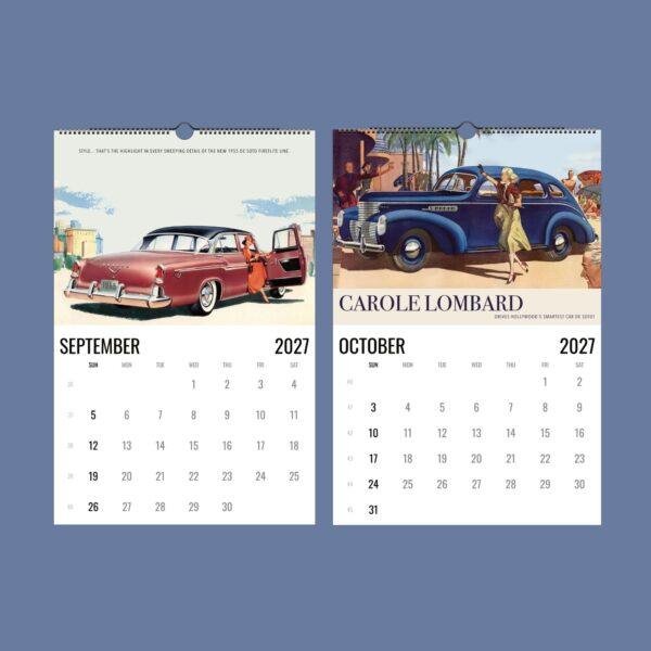 2027 vintage car calendar showing September and October pages