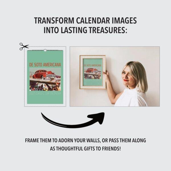 Woman framing a De Soto Americana classic car calendar image