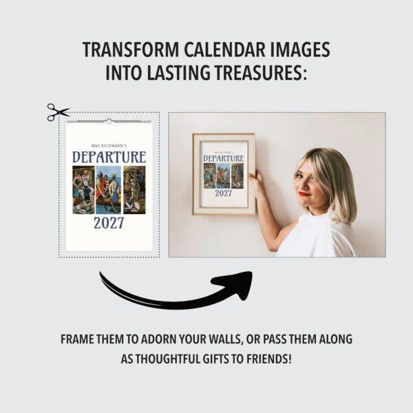 Woman framing Max Beckmann Departure 2027 calendar art