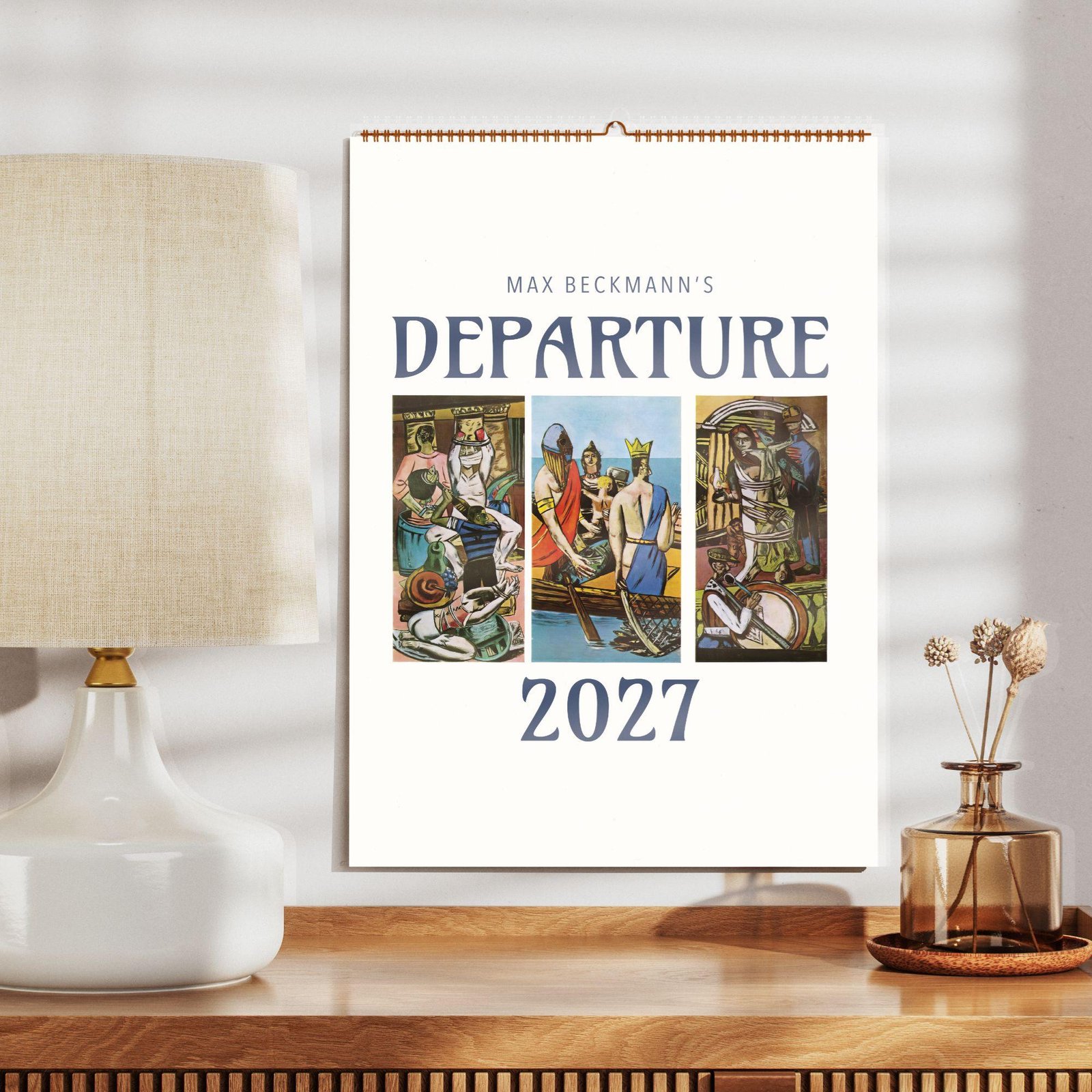 Max Beckmann's Departure 2027 wall calendar on shelf