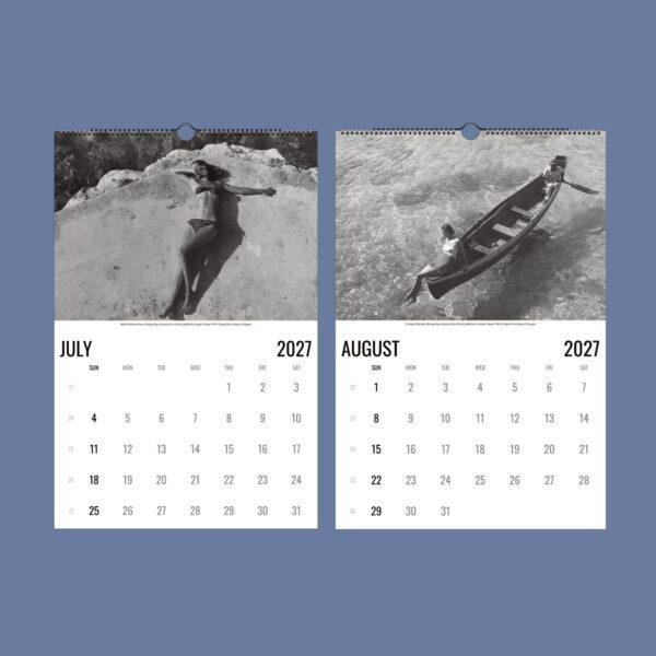 2027 wall calendar showing July and August vintage beach photos