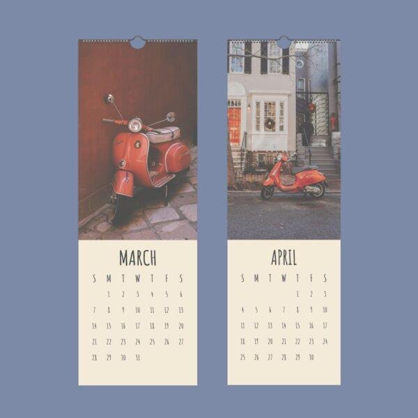 March and April wall calendar featuring vintage red Vespa scooters